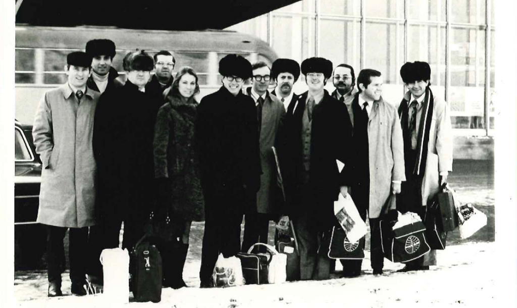 American ACYPL delegates in the former Soviet Union, wearing winter coats and some with Soviet-style hats.