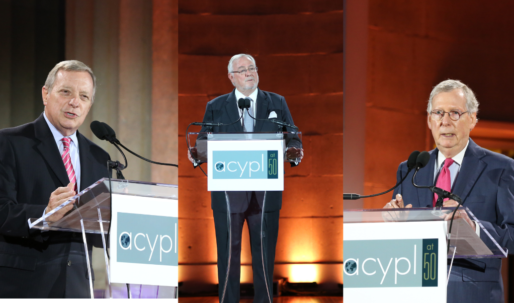 A collage of 3 different speakers from ACYPL's 50th anniversary celebration: from left to right, Sen. Dick Durbin, founder Spencer Oliver, Sen. Mitch McConnell, all speaking at an ACYPL podium.
